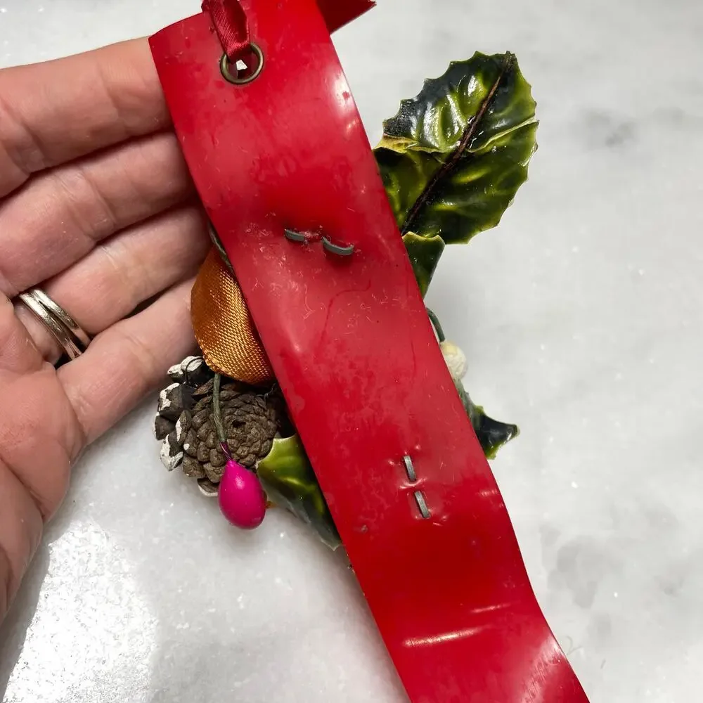 Vintage Sleigh Bell Door Hanger Red Vinyl Strap Jingle MCM Christmas Pinecones